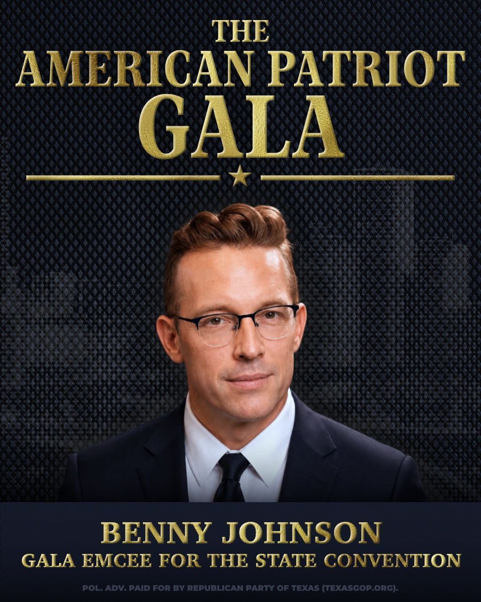 bennyjohnson's tweet photo. It's official — I'm headed to Texas 🇺🇸

I'm honored to announce I will be the official emcee for the 2026 Texas GOP Convention Gala this Friday, June 12th.

One of the biggest nights of Convention weekend, celebrating the strength, the unity, and the future of the America First movement in the great state of Texas.

Let's make it unforgettable.

Tickets here: https://t.co/E1cmL1GvHB
