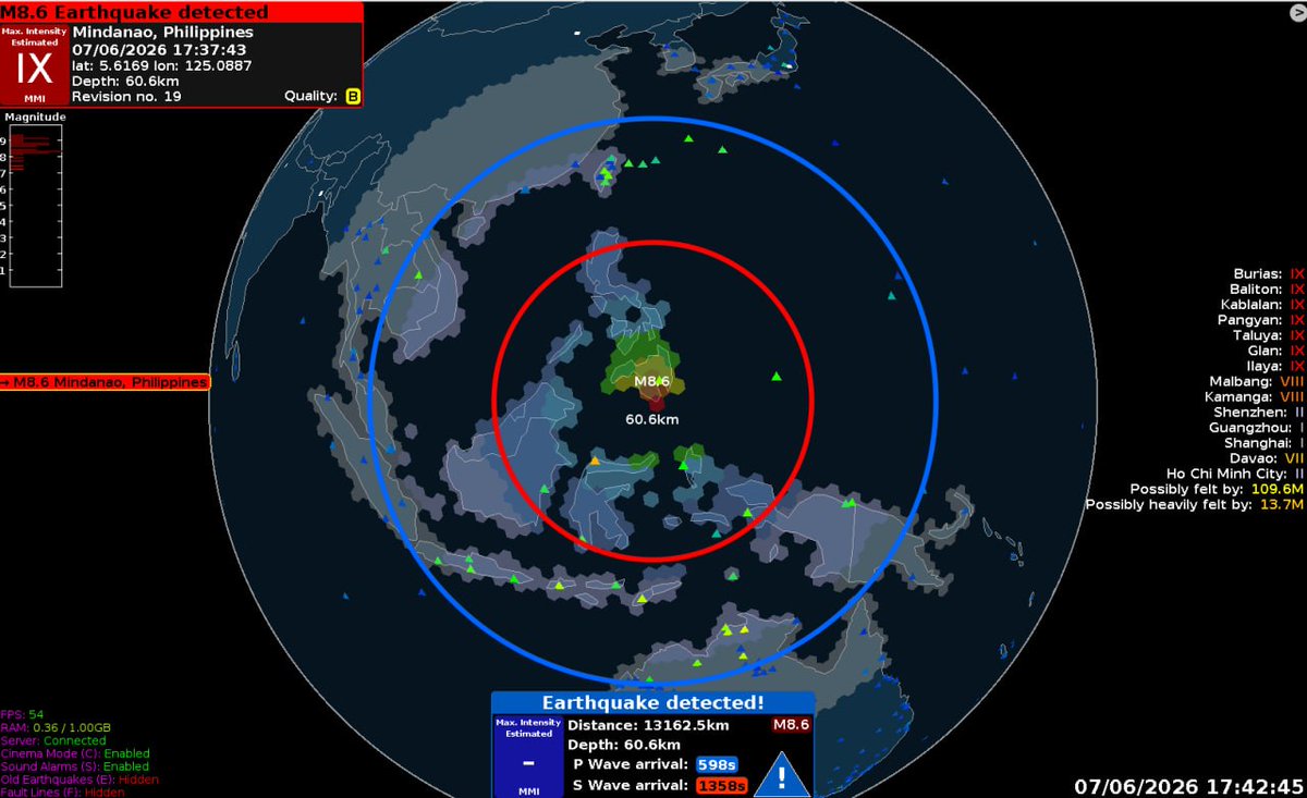 Osint613's tweet photo. BREAKING: 9.0 magnitude earthquake in Mindanao, Philippines, according to preliminary assessments. - GlobalQuake https://t.co/Wea6uAFaEY