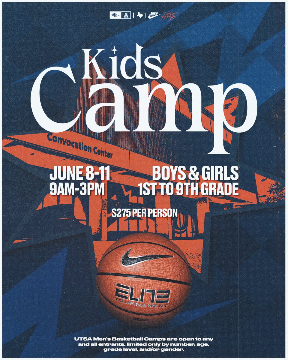 UTSAMBB's tweet photo. UTSA Basketball Kids Camp starts Monday! Online registration is open until Midnight Sunday and walk-ups are welcome on Monday morning!

📰 https://t.co/BAug20lTMo
🔗 https://t.co/wjgSwXIpqx

#BirdsUp🤙 | #LetsGo210 https://t.co/pfHLrCueEb