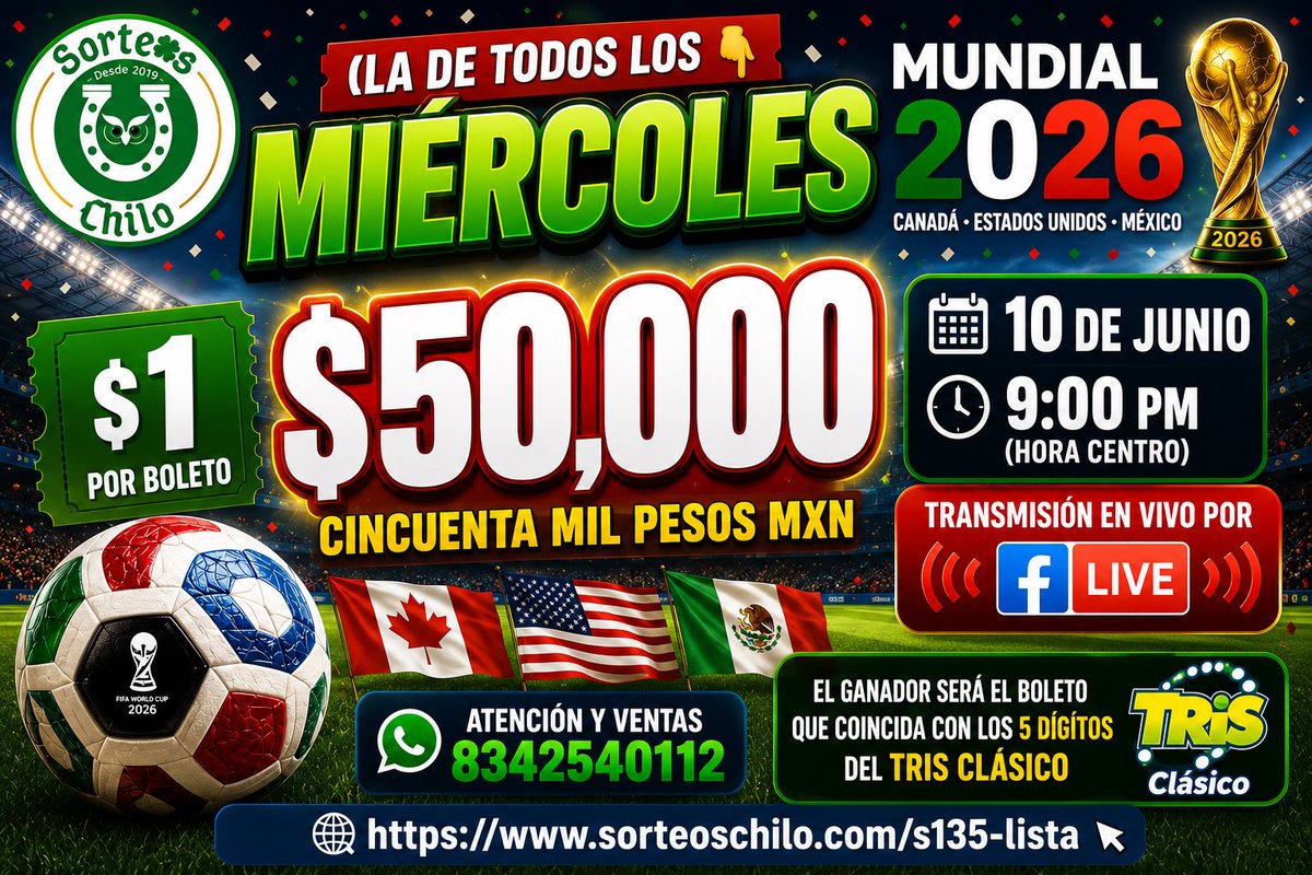 MMRifas5's tweet photo. ⚽️Llévate 50MIL pesos aquí 👉🏻 https://t.co/BoO6qqS5YZ 1 por 🎫
#AzizYıldırımlaYeniden #AzizYıldırımVakti #EleccionesPerú2026 #Perú https://t.co/wCSZILRx5n