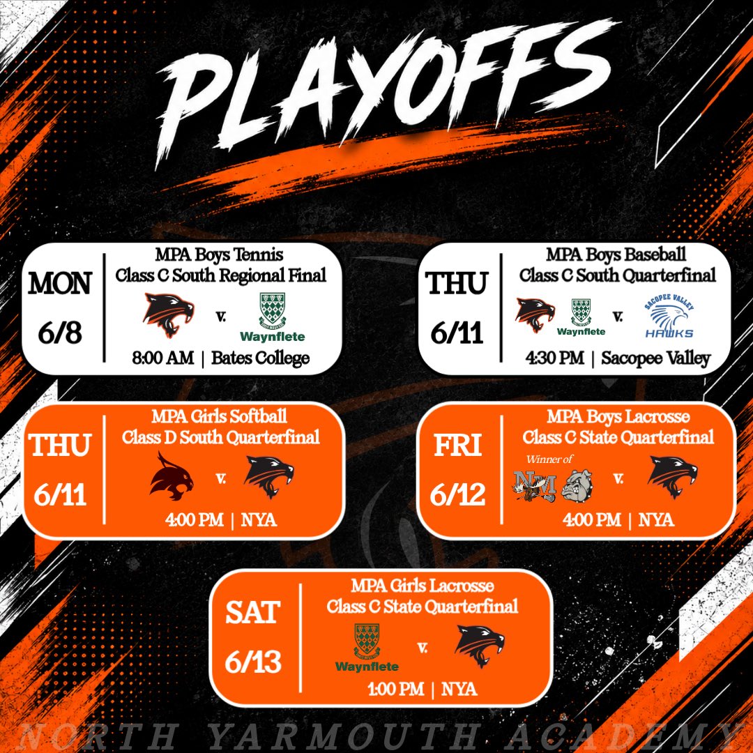 NYAPanthers's tweet photo. Playoff season has arrived in full! Check out the playoff matchups for the week ahead and swipe for a recap of some great playoff runs that have concluded! 🎾⚾️🥎🥍

🔸 Updates to playoff information will be available on NYA’s Athletic Website and social media channels! https://t.co/rB0DthhTs2