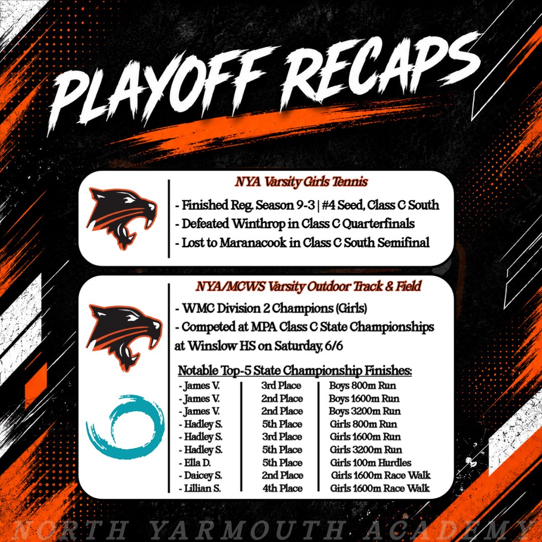 NYAPanthers's tweet photo. Playoff season has arrived in full! Check out the playoff matchups for the week ahead and swipe for a recap of some great playoff runs that have concluded! 🎾⚾️🥎🥍

🔸 Updates to playoff information will be available on NYA’s Athletic Website and social media channels! https://t.co/rB0DthhTs2