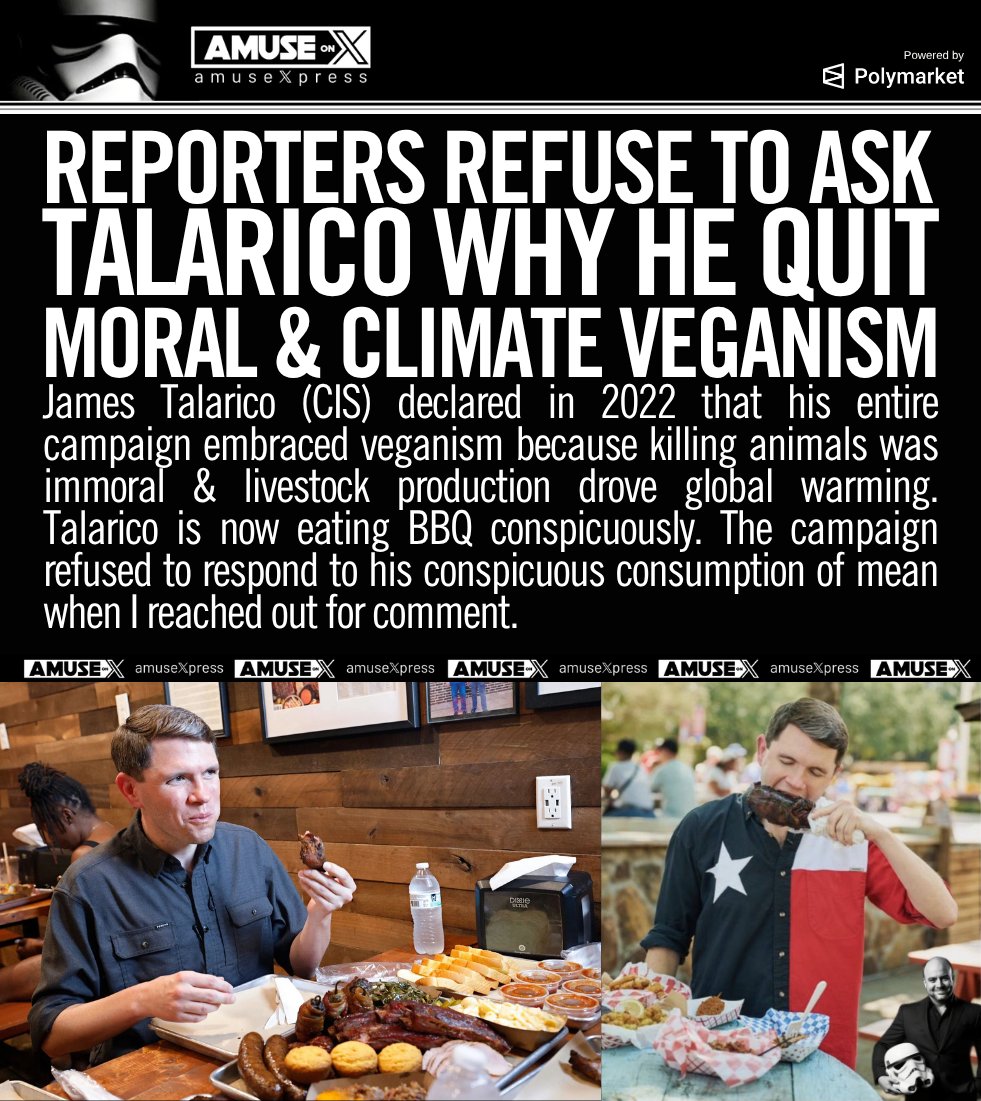 amuse's tweet photo. TEXAS SENATE RACE: James Talarico (CIS) declared his entire 2022 campaign vegan, calling meat eating immoral & a climate disaster. Now he's eating meat constantly. His campaign won't respond. The drive-by media refuses to ask why.