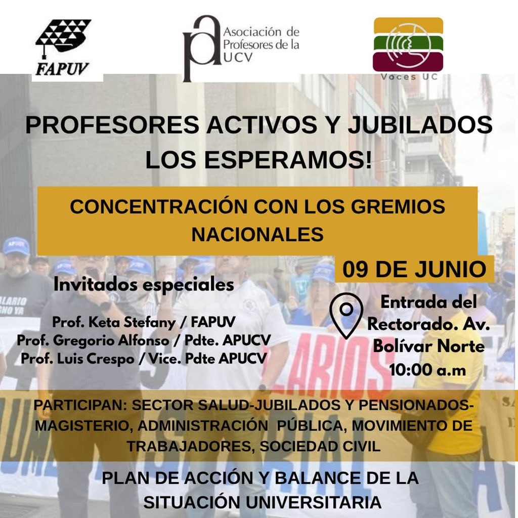 julioporlavida's tweet photo. Colegas profesor te invitamos a la gran concentración con los gremios nacionales.
📅 Martes 09 de Junio
⏰ 10:00 a.m.
🏢 Entrada del Rectorado, Av. Bolívar Norte.

Invitados especiales de FAPUV y APUCV. Juntos a los gremios nacionales. ¡Tu presencia cuenta! 🇻🇪✍️ https://t.co/ipiJVofmwl