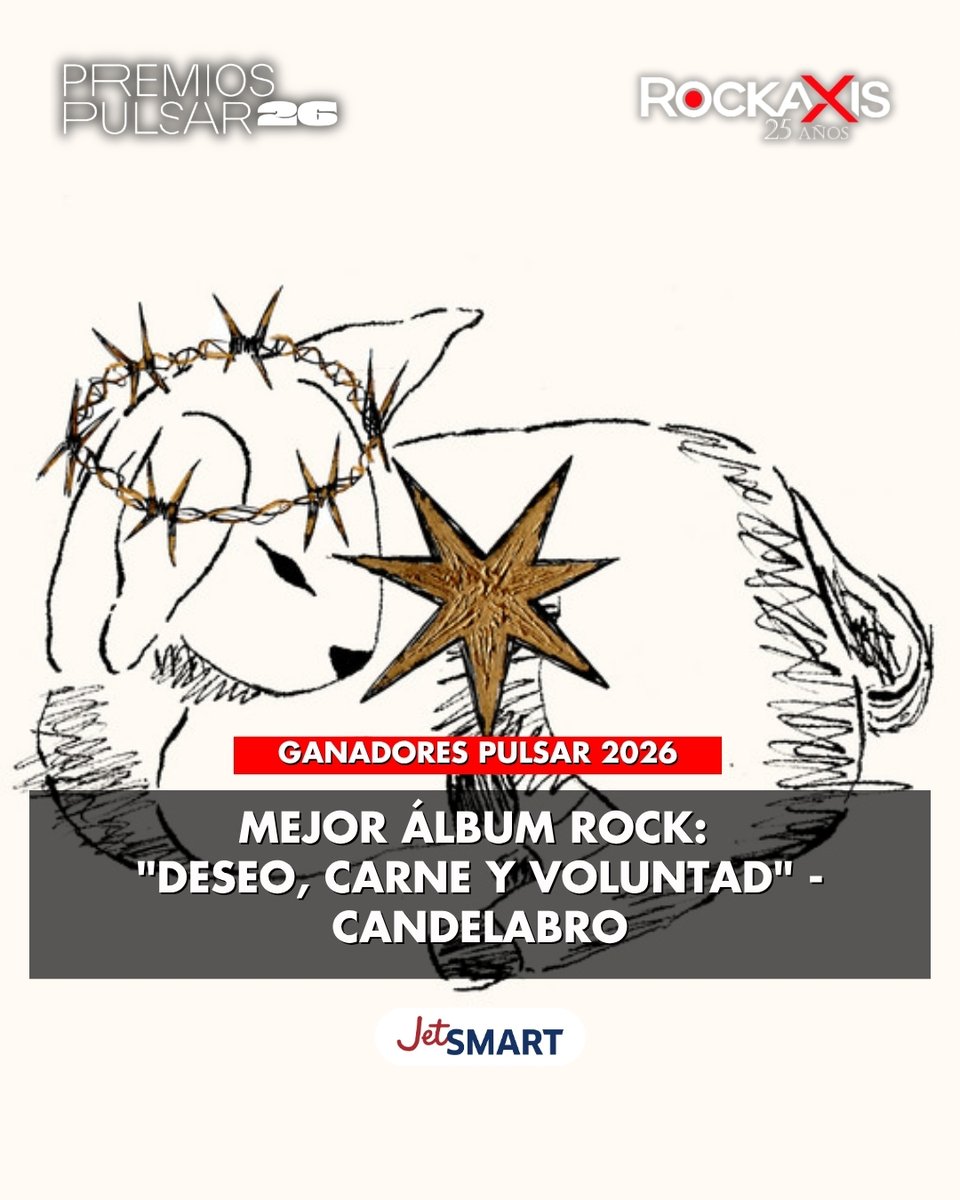 rockaxisoficial's tweet photo. 🏆 ¡Felicidades muchachos! 🏆

Candelabro se queda con el Premio Pulsar 2026 a la categoría de Mejor Álbum Rock gracias a "Deseo, Carne y Voluntad". Con este trabajo, Candelabro continúa expandiendo los límites del rock chileno contemporáneo y celebra la obtención de su primer Premio Pulsar 👏✨

@PulsarCL / @scd_chile 

Avión oficial: @VuelaJetSMART 

Viste a Rockaxis: @LEVIS 

Apoya: @audiomusica