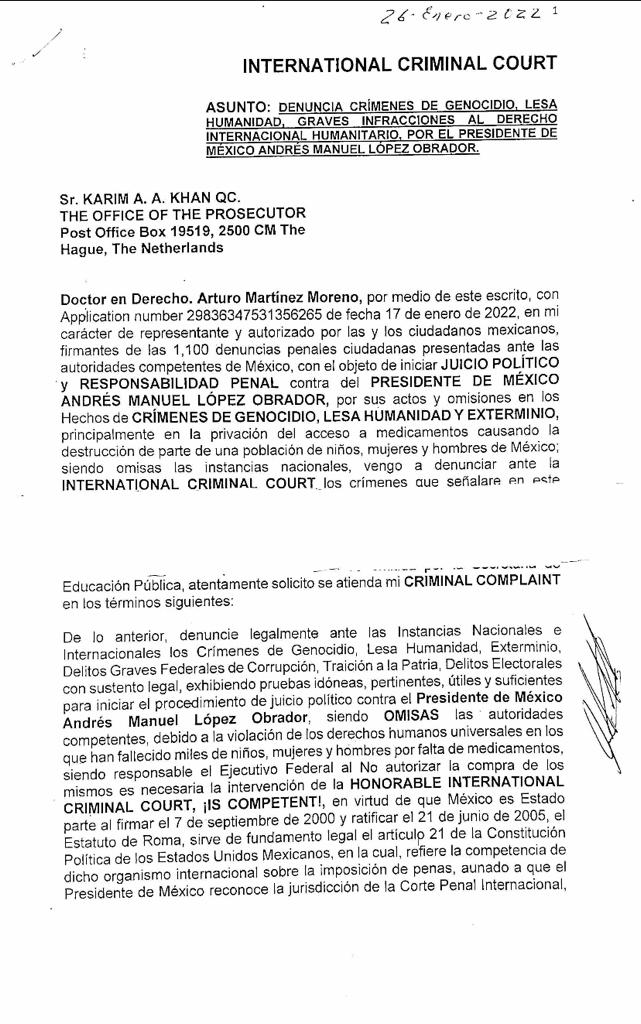 GARCIPAVON's tweet photo. Y hace 4 años también se le denunció en la Corte Penal Internacional  Jorge, el 17 de Enero del 2022.  La denuncia ante la Corte Penal fue recibida el 1o. de Febrero del 2022 por los mismos y ratificada. Para que les sirva de referencia y quede constancia junto con la denuncia de ustedes👇