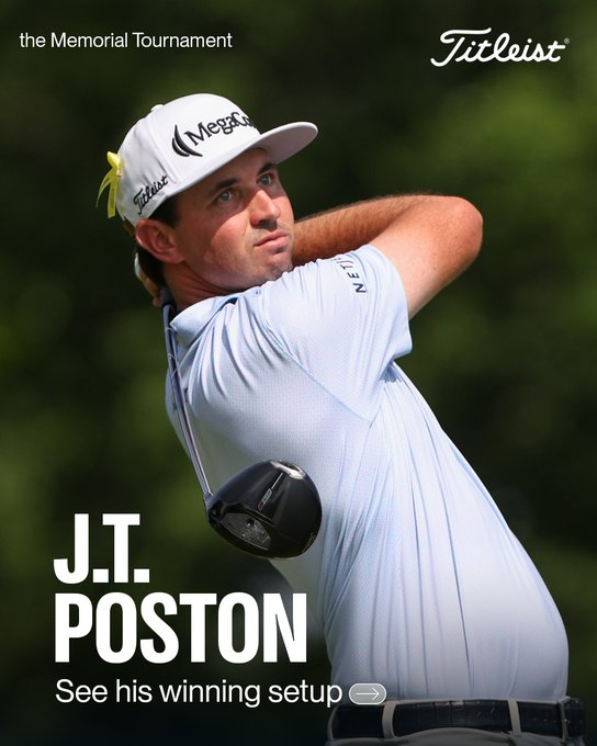 TitleistCA's tweet photo. Delivered by the Postman. 📪

@JT_ThePostman prevails in a two-hole playoff to win the @MemorialGolf!

In J.T.’s bag: Pro V1x Left Dash golf ball, NEW GTS3 driver, T100 irons, @VokeyWedges and more.

#TeamTitleist https://t.co/N8PZgLEQSb