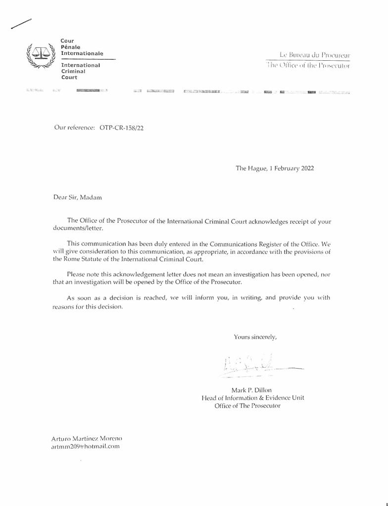GARCIPAVON's tweet photo. Y hace 4 años también se le denunció en la Corte Penal Internacional  Jorge, el 17 de Enero del 2022.  La denuncia ante la Corte Penal fue recibida el 1o. de Febrero del 2022 por los mismos y ratificada. Para que les sirva de referencia y quede constancia junto con la denuncia de ustedes👇