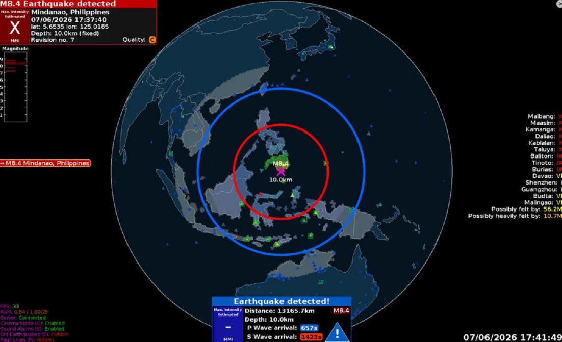 AlertaNews24's tweet photo. 🇵🇭 | URGENTE: Reportado un poderoso terremoto de 8.7 frente a las costas de Mindanao, Filipinas. https://t.co/4yqSYbKsM6