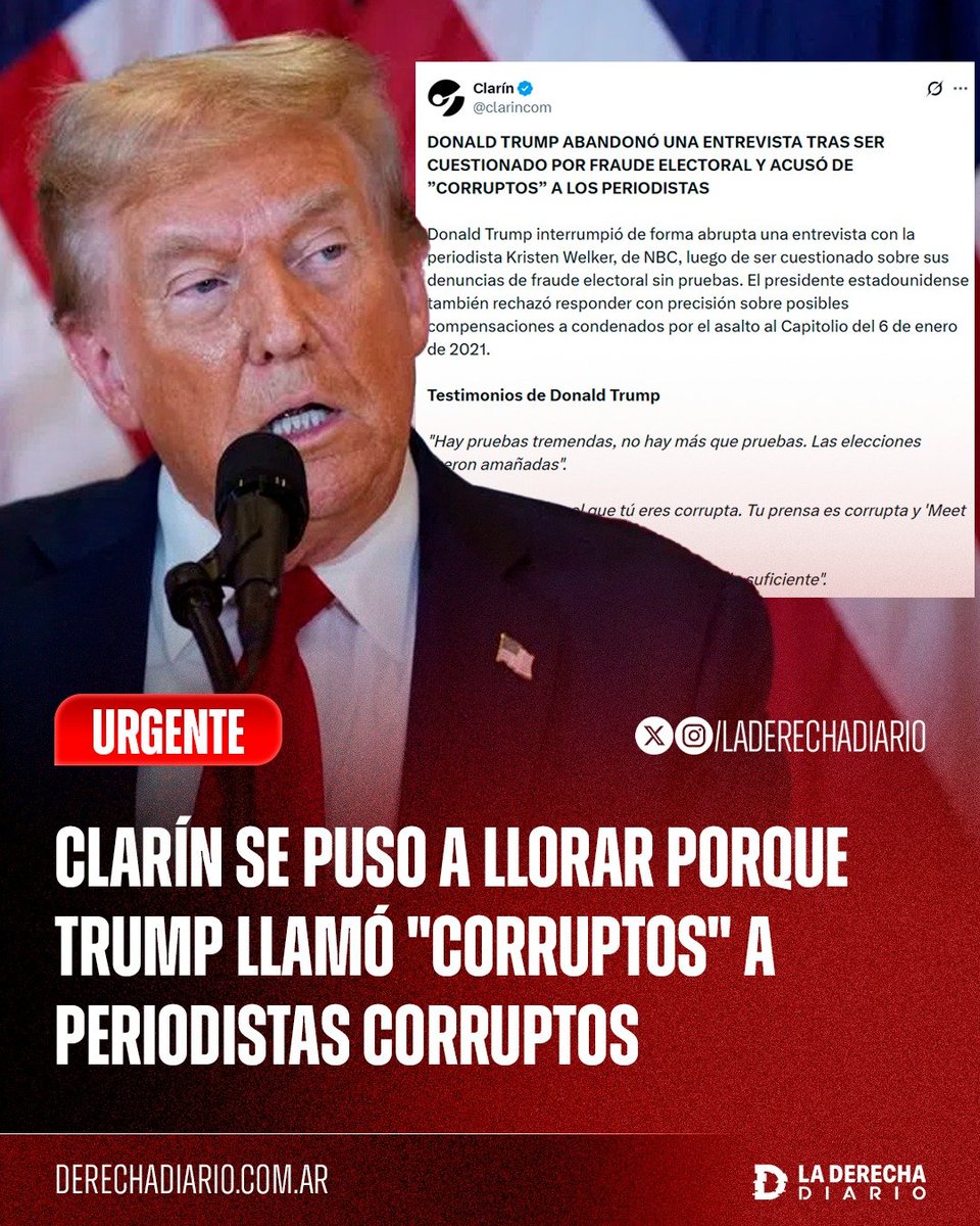 laderechadiario's tweet photo. 🚨🇺🇸 | EL ESTABLISHMENT MEDIÁTICO SE DEFIENDE: Clarín se puso a llorar porque Trump llamó "corrupta" a una periodista corrupta de NBC y abandonó la entrevista luego de que negara el fraude electoral perpetrado por los demócratas en 2020 con Joe Biden, pese a la enorme cantidad de evidencia y cuestionamientos acumulados sobre el fraudulento proceso electoral desde entonces.