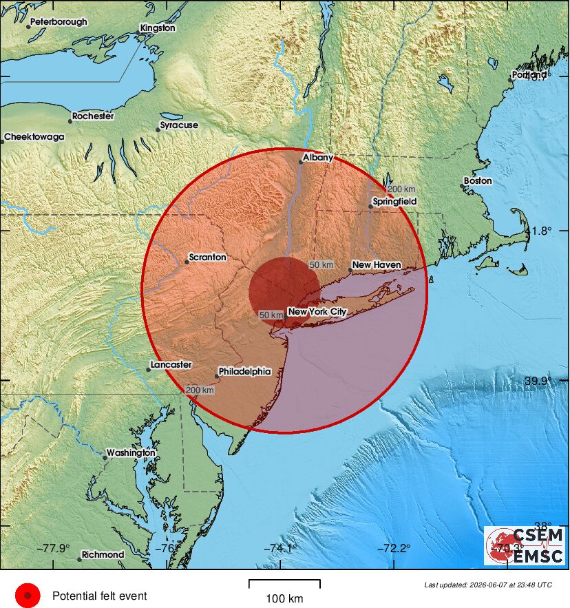 LastQuake's tweet photo. #Earthquake (#sismo) possibly felt 3 min 14 sec ago in #NewYork. Felt it? Tell us via:
📱https://t.co/QMSpuj6Z2H
🌐https://t.co/AXvOM7I4Th
🖥https://t.co/wPtMW5ND1t
⚠ Automatic crowdsourced detection, not seismically verified yet. More info soon! https://t.co/aKSr8zS8s1