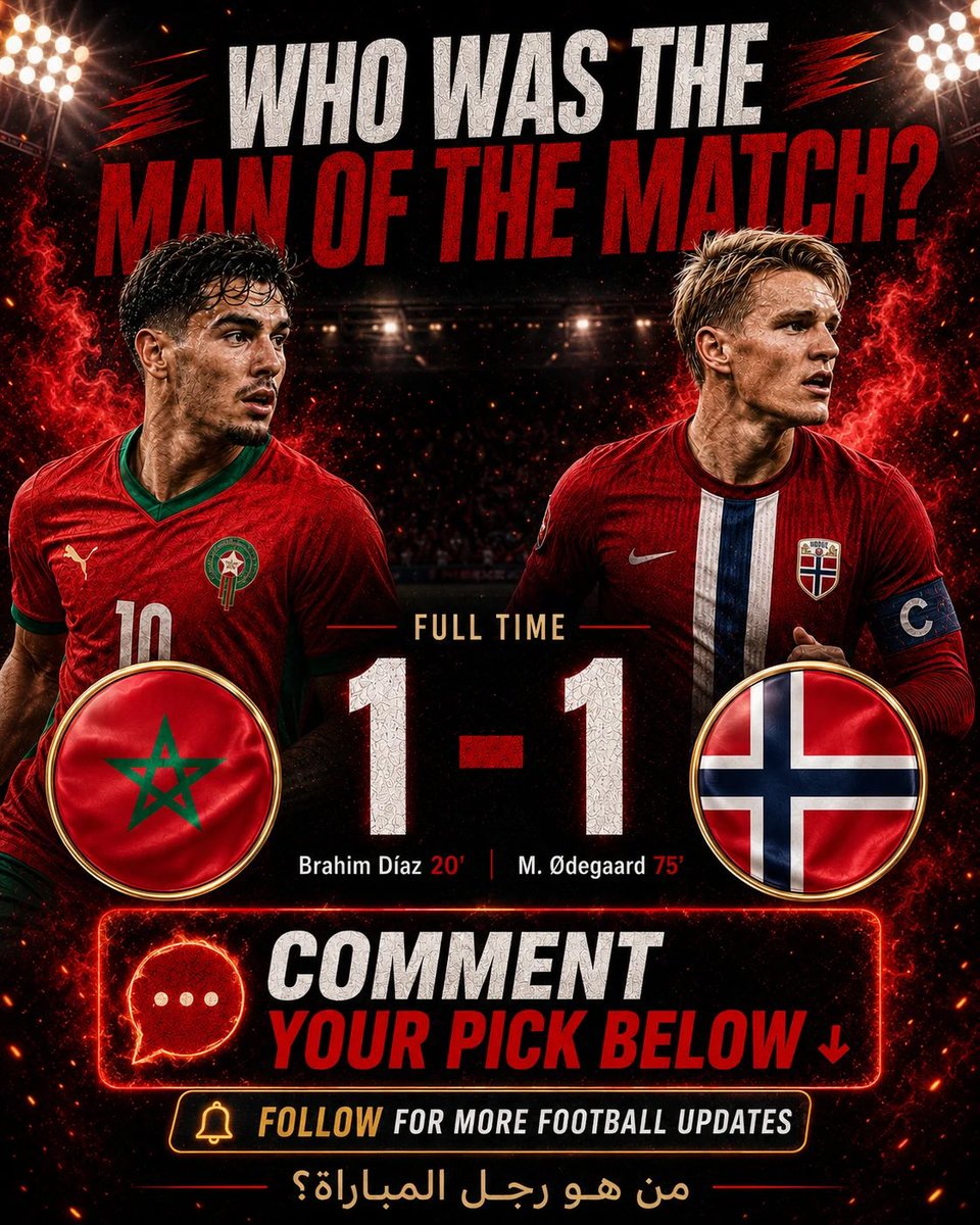 lexaro_0's tweet photo. من كان نجم المباراة؟ 🇲🇦🔥🇳🇴
تعادل مثير 1-1 بين المغرب والنرويج… دياز أم أوديغارد؟ 👀⚽
اكتب اختيارك في التعليقات 👇
#المغرب #أسود_الأطلس #ديما_مغرب #DimaMaghrib #Morocco #AtlasLions #BrahimDiaz #النرويج #Odegaard #Football https://t.co/I1zJR4O9Eg