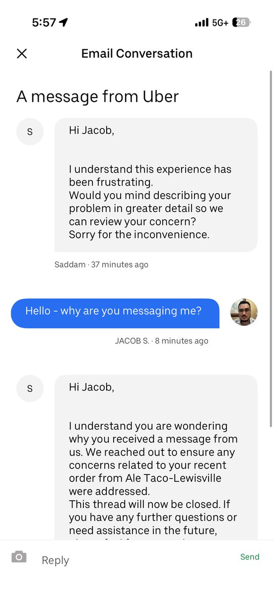 CallMeSancho2's tweet photo. @UberEats how does an unprompted chat start? I had no issues. The order was a day ago. Then a random message about a “concern” then agent just closing the chat. What’s going on?? #ubereats #shadystuff https://t.co/OJ48dkrlj1