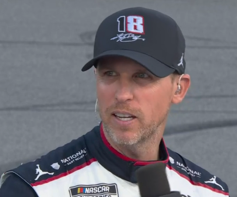 STaranto92's tweet photo. Denny Hamlin is now wearing a hat with the same design as the 18 Kyle Busch flag he had https://t.co/c676QuCPXx