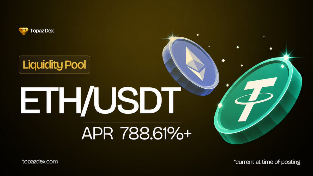 TopazDex's tweet photo. Check out the ETH/USDT pool on Topaz DEX with APRs as high as 788%+  on @BNBCHAIN .

Here’s how to start:

- Add liquidity to the ETH/USDT pool
- Stake your LP
- Start earning TOPAZ rewards

Explore the pool now.
https://t.co/0JwowjdFAn https://t.co/kYYrq3LBKW