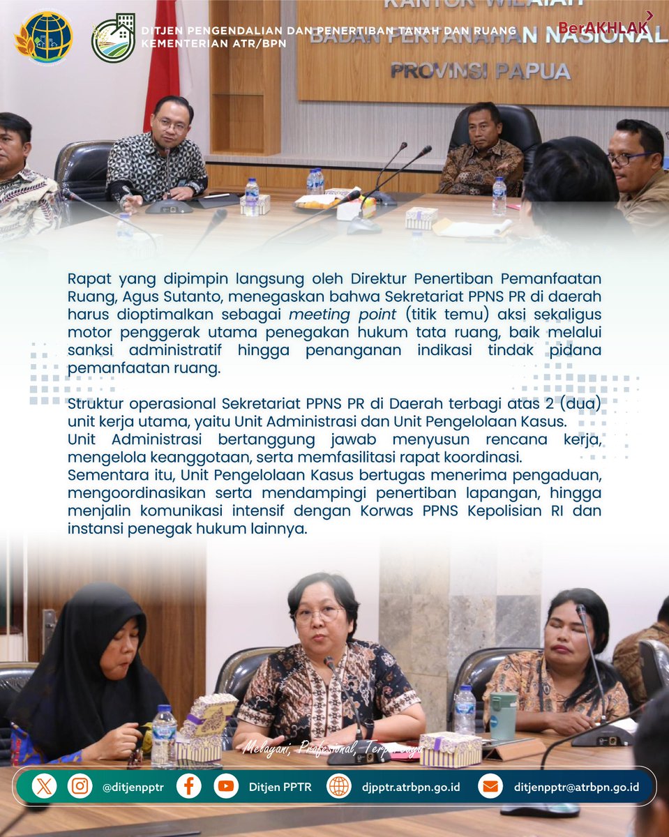 ditjenpptr's tweet photo. Perkuat Penegakan Hukum Tata Ruang, Direktorat Jenderal Pengendalian dan Penertiban Tanah dan Ruang (PPTR) melalui Direktorat Penertiban Pemanfaatan Ruang konsolidasikan Sekretariat PPNS PR Papua pada Kamis, (21/5/2026).

Kunjungi: https://t.co/wbAnA2YuFz https://t.co/L7YN2Z3rvw