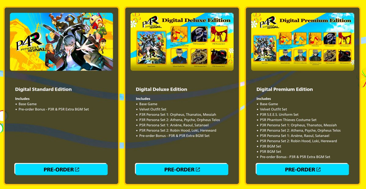 videogamedeals's tweet photo. Persona 4 Revival Edition Details. https://t.co/j0Fiynk3Uu

Physical Standard Edition 
Includes character cards for a limited time (for Amazon customers in North America only)

Physical Collector’s Edition
    Base Game
    Artbook
    Steelbook
    Keycaps & Keychain
    Protagonist & Izanagi Statue
    DLC - Costume Set, Persona Set, BGM Set
    Persona 3 Reload & Persona 5 Royal Extra BGM Set
