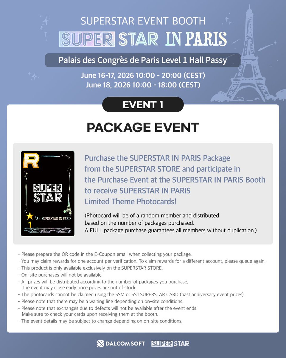 SuperStar_GL's tweet photo. [🎪] 

🇫🇷 SUPERSTAR IN PARIS
BOOTH EVENT NOTICE  

🗺️ Palais des Congrès de Paris Level 1 Hall Passy 
⏰ June 16-17, 2026 10:00 - 20:00 (CEST)       
        June 18, 2026 10:00 - 18:00 (CEST)  

SUPERSTAR IN PARIS PACKAGE 
➡️ https://t.co/93niMSWh08 

#SUPERSTAR #SUPERSTAR_IN_PARIS
