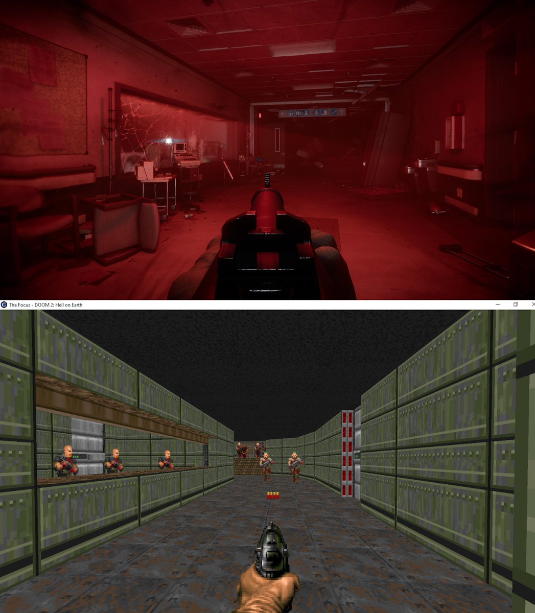 Melchior2005's tweet photo. I think the new Classic Doom flashback scene on the Doom The Dark Ages DLC steam page might be MAP04 The Focus looks similar, has a window on the left and a door on the right in a long rectangular hallway @sensible_dude2 https://t.co/BcOdifyuJ4
