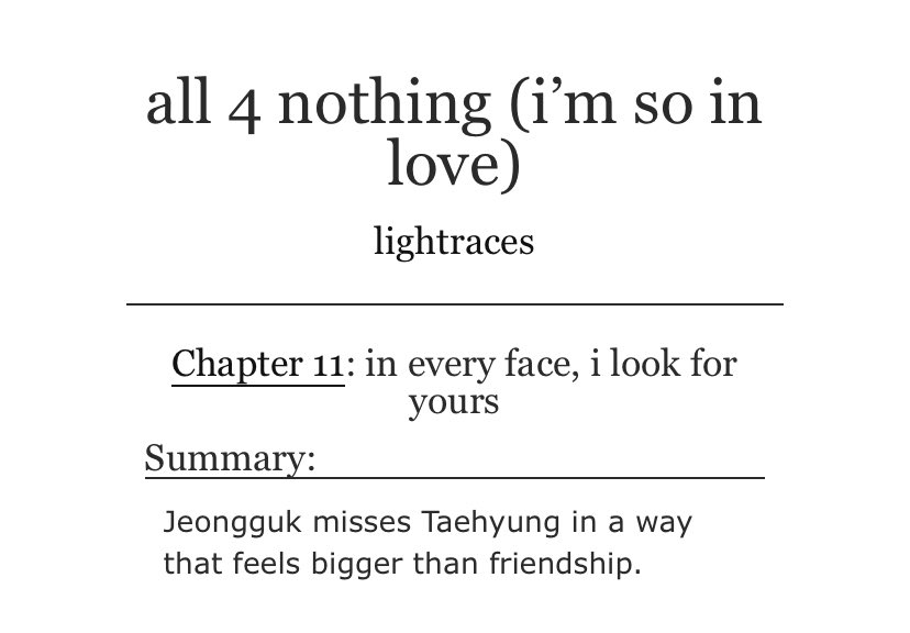 lightraces's tweet photo. #taekookau • all 4 nothing (i’m so in love)
↳ 127k | teen &amp; up | on-going 

updated!
    ch.11 — in every face, i look for yours
    13k words

🖇️ https://t.co/wTC38Hwx64 https://t.co/bFp2UfEzb7