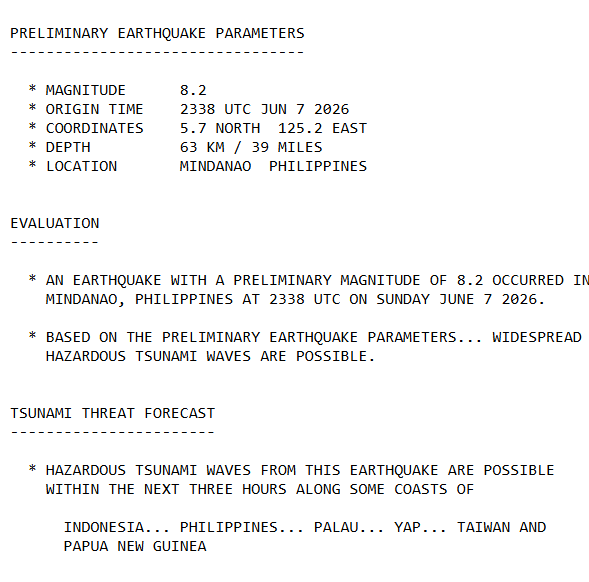 MundoEConflicto's tweet photo. 🔴 #URGENTE | El Centro de Alerta de Tsunamis del Pacífico emitió un aviso de tsunami para Filipinas, Indonesia, Palaos, Estados Federados de Micronesia, Taiwán y Papúa Nueva Guinea tras registrarse un potente terremoto de magnitud 8.2 en la región. https://t.co/KsxDDEx8Jc