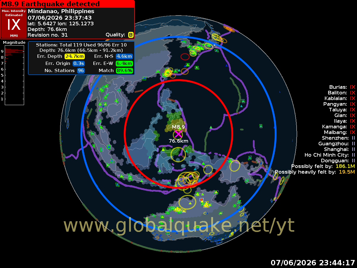 StrandenOSINT's tweet photo. BREAKING: Major 8.1 earthquake has hit near Mindanao, Philippines. https://t.co/7gnDL2UYNS