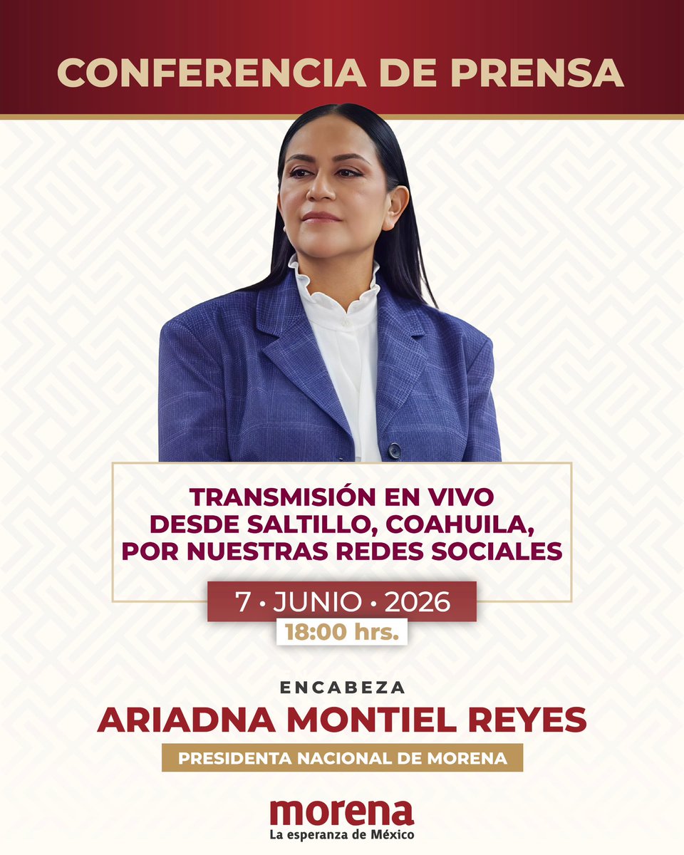 PartidoMorenaMx's tweet photo. ¡No te pierdas la conferencia de prensa que encabezará nuestra Presidenta Nacional desde Coahuila!

🔴 Síguela en vivo por nuestras redes sociales. https://t.co/g2JPBHeqHF