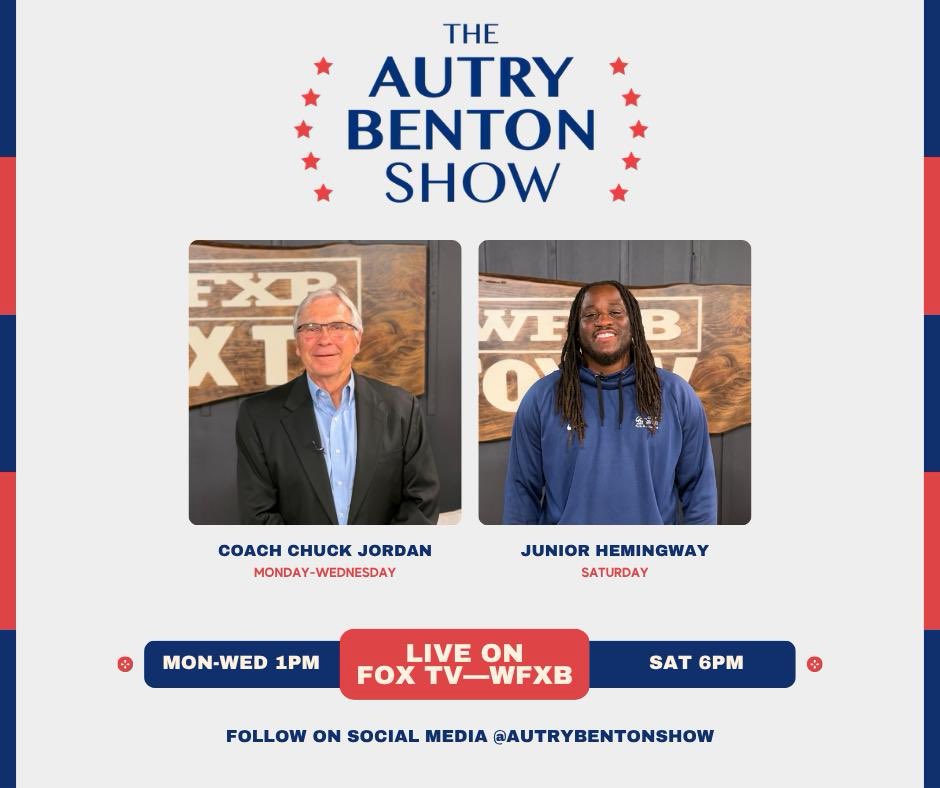 AutryBentonShow's tweet photo. Starting this week, we’ll be adjusting our air schedule as the FIFA World Cup begins on FOX! We want to make sure you can tune into the show while also cheering on Team USA.

Monday, Tuesday & Wednesday at 1PM: Chuck Jordan, legendary former Conway High School football coach

Saturday at 6PM: Junior Hemingway, former Conway Tiger, Michigan Wolverine, and Kansas City Chief

Two Conway football legends. Two incredible stories.

📺 FOX TV—WFXB