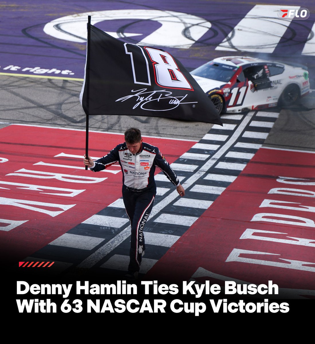 FloRacing's tweet photo. 🥹 @dennyhamlin paid tribute to his longtime teammate, the late Kyle Busch, after tying Busch for ninth on the #NASCAR Cup Series all-time wins list. Hamlin's win at Michigan on Sunday was the 63rd of his career. https://t.co/t5gFsRthQb