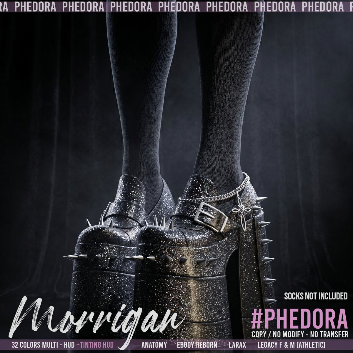 Phedora10's tweet photo. "Morrigan" Platforms Available at @Collabor88  💜
These towering platforms come Fully customizable with a 32-color HUD driven fatpack + Tinting HUD. Rigged for Anatomy,Ebody Reborn,LaraX, and Legacy F &amp; M (Athletic).
🧦❌ Socks also not included. 
❥ LM : https://t.co/2BqsY6724c https://t.co/3JnPkGecEJ