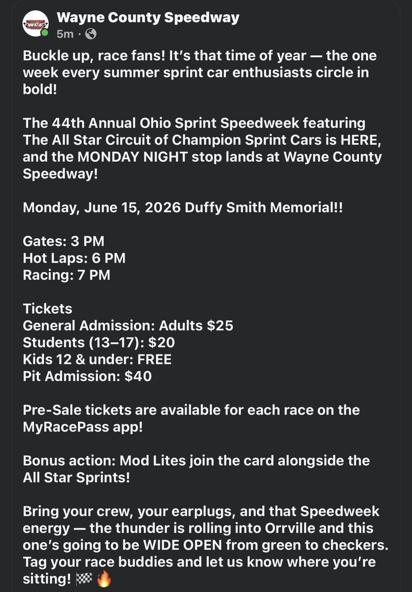 wcsohio's tweet photo. It’s that time of year again!

Sprint car enthusiasts, it’s time for the 44th annual Ohio Sprint Speed Week!!

Duffy Smith Memorial
Monday June 15 https://t.co/5dBGXdF8Qc
