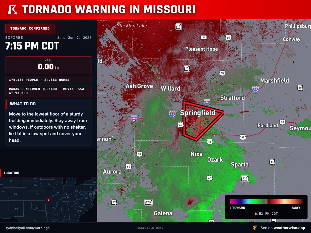OfficialYallbot's tweet photo. A Tornado Warning has been issued for Southeastern Greene County in Missouri until 7:15 PM CDT. A damaging tornado has been radar confirmed near southwestern Springfield. Take cover now! We're tracking this LIVE on YouTube: https://t.co/IJvaCVSyzZ https://t.co/Hnt4A6ThOO