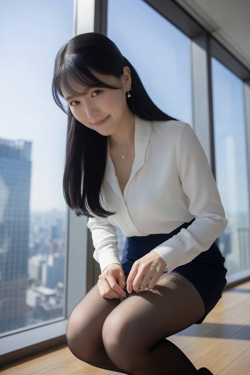qlkkooo's tweet photo. 高層オフィスの窓辺で、優雅にストッキングを直す彼女💼✨

真面目なOLの少しだけ甘い瞬間…👀

#OL #黒髪ロング #美脚 #ストッキング #オフィス美女 #OLスタイル https://t.co/eJbmHDligL