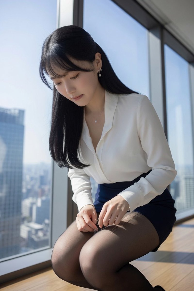 qlkkooo's tweet photo. 高層オフィスの窓辺で、優雅にストッキングを直す彼女💼✨

真面目なOLの少しだけ甘い瞬間…👀

#OL #黒髪ロング #美脚 #ストッキング #オフィス美女 #OLスタイル https://t.co/eJbmHDligL