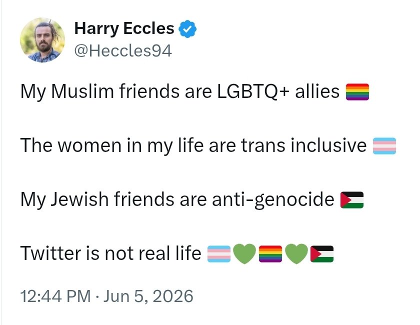 FredSargeant's tweet photo. Found another one @IfindRetards.

This one has a manbun, thinks men are women and has no Jewish friends who are pro-genocide, of course.  "Twitter is not real life" he says but he's on it three times more than any retiree that ever I've known. https://t.co/I7Bw8gUGFV
