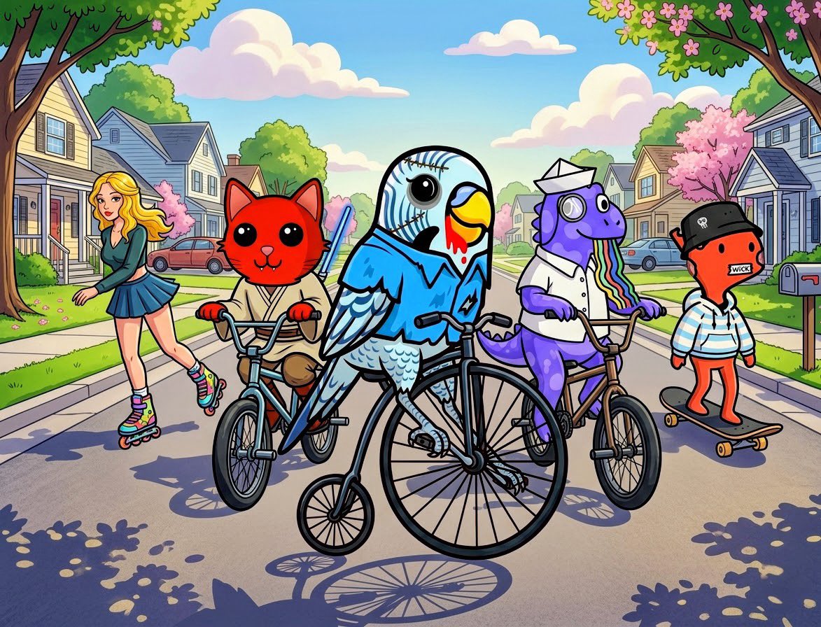 CryptoOnDMind's tweet photo. Neighborhood watch just leveled up. The ultimate multichain meetup with @Birb, @LongLostNFT, @lil_dino_nft, @basedbooties, and @Crypto_Meows rolling through—and they’re all heading straight to $Yuki ‘s house for a party! 🚀🚲 https://t.co/cvzyhO6s73