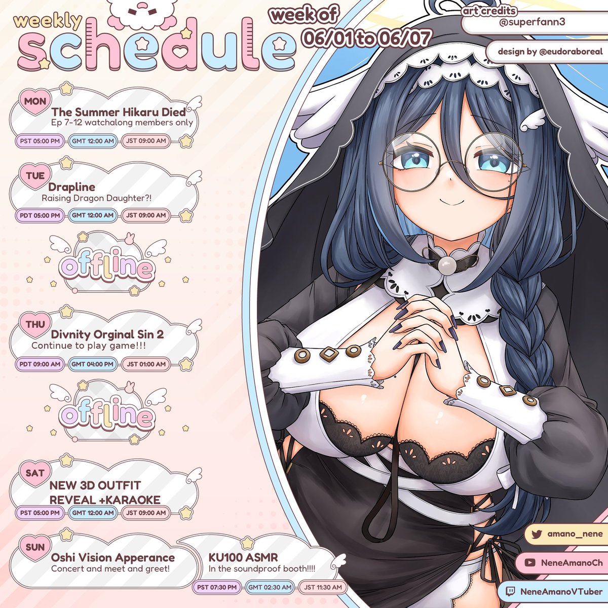 NeneAmanoVTuber's tweet photo. ☁️Schedule Announcement☁️
NEW OUTFIT REVEAL, Oshi Vision in London, and more!!!!! (I have recording deadlines looming, I'll do my best!) https://t.co/ucvQ8DecOJ