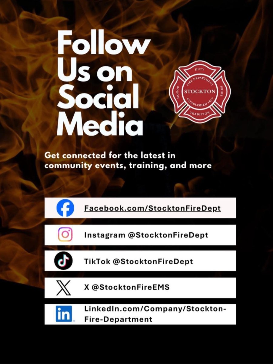 StocktonFireEMS's tweet photo. From community events to emergency response updates, follow your Stockton Fire Department across all of our social media platforms to stay connected and informed.

We’re proud to serve Stockton both online and in the community. https://t.co/LhKQ2ji0Hf