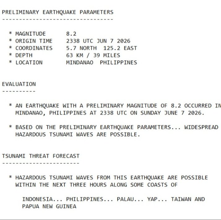 InsidConflict's tweet photo. UPDATE  : A massive 8.2 magnitude earthquake has struck Mindanao, Philippines, according to initial reports.

 Preliminary assessments from GlobalQuake indicate a powerful seismic event in the region, triggering a tsunami warning for coastal areas. https://t.co/FRlSoO0IiK