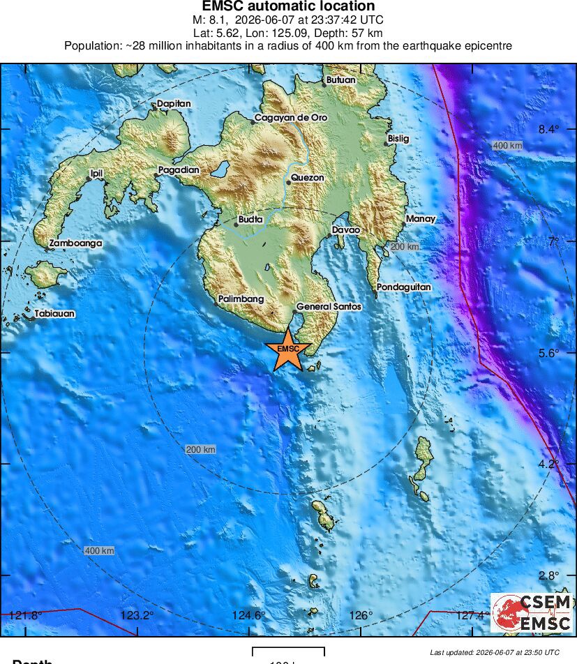 NaraSenyap's tweet photo. Baru saja terjadi Gempa Besar ⚠️
Gempa Mindanao, Filipina, M 8.1 ⚠️
8 Juni 2026 07.37 PHT (local time)
8 Juni 2026 06.37 WITA / 05.37 WIB
 Kedalaman 57 km
📍5.620, 125.093
Wilayah: selatan General Santos, dekat Glan, Filipina.

Emsc https://t.co/NqDUBxV7U0