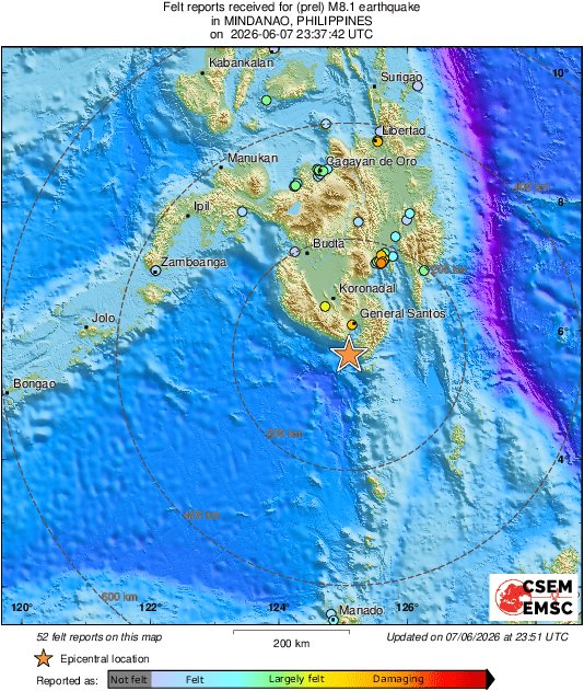 NaraSenyap's tweet photo. Baru saja terjadi Gempa Besar ⚠️
Gempa Mindanao, Filipina, M 8.1 ⚠️
8 Juni 2026 07.37 PHT (local time)
8 Juni 2026 06.37 WITA / 05.37 WIB
 Kedalaman 57 km
📍5.620, 125.093
Wilayah: selatan General Santos, dekat Glan, Filipina.

Emsc https://t.co/NqDUBxV7U0