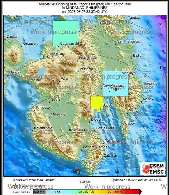 NaraSenyap's tweet photo. Baru saja terjadi Gempa Besar ⚠️
Gempa Mindanao, Filipina, M 8.1 ⚠️
8 Juni 2026 07.37 PHT (local time)
8 Juni 2026 06.37 WITA / 05.37 WIB
 Kedalaman 57 km
📍5.620, 125.093
Wilayah: selatan General Santos, dekat Glan, Filipina.

Emsc https://t.co/NqDUBxV7U0