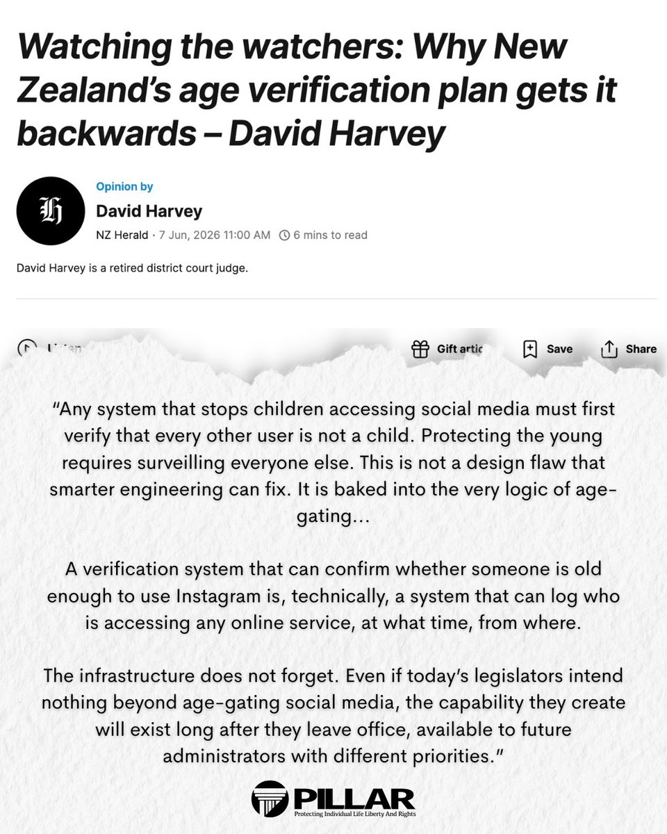 Pillar_NZ's tweet photo. "New Zealand is quietly constructing a digital identity regime that would require every adult in the country to prove who they are before accessing platforms most people use every day." - David Harvey https://t.co/2q6y7zPcyc