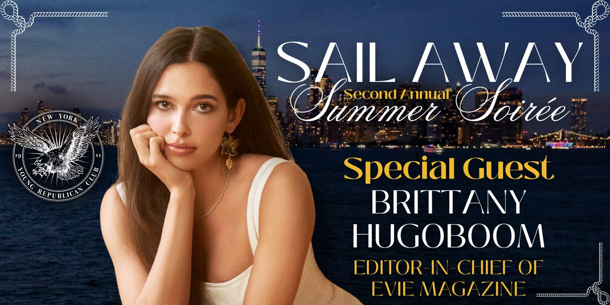 NYYRC's tweet photo. The NYYRC is thrilled to announce the next special guest setting sail with us on our Summer Soirée is Evie Magazine Editor-in-Chief, Brittany Hugoboom! ✨

Brittany is the founder of Evie Magazine, a leading women’s publication echoing conservative values that encourage celebrating femininity with articles centered around personal growth, beauty, lifestyle, and wellness. Recently, she has been featured in The New York Times and Wall Street Journal highlighting the positive impact of Evie Magazine promoted through her entrepreneurial spirit.