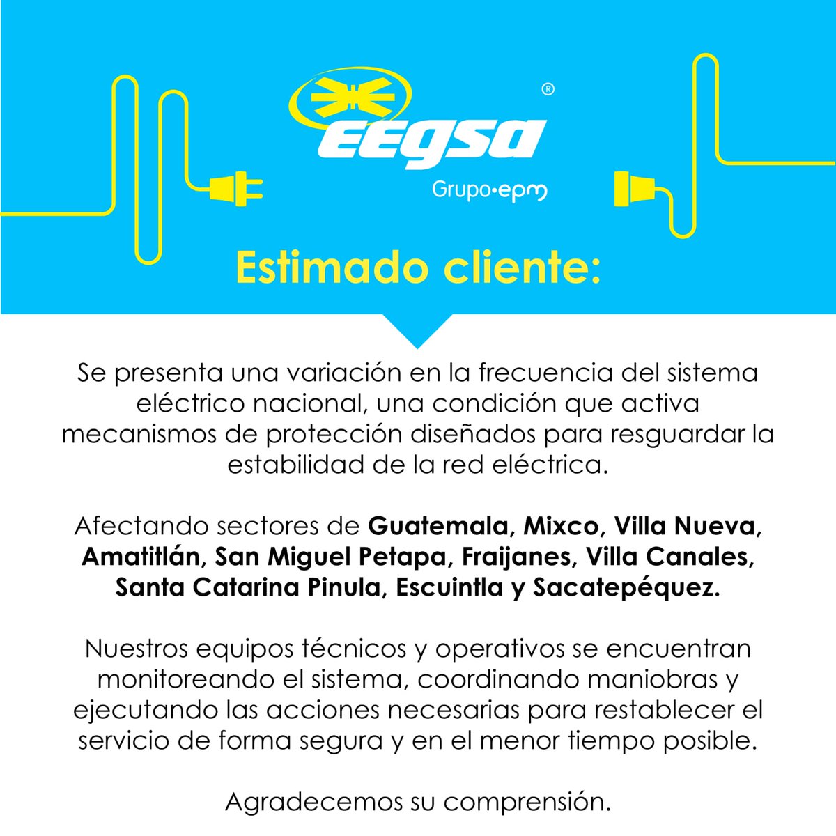 EmisorasUnidas's tweet photo. #AHORA @EEGSAGuatemala informa que una variación en la frecuencia del sistema eléctrico nacional activó mecanismos de protección y provocó afectaciones en varios sectores del país https://t.co/oYPwPLPkry