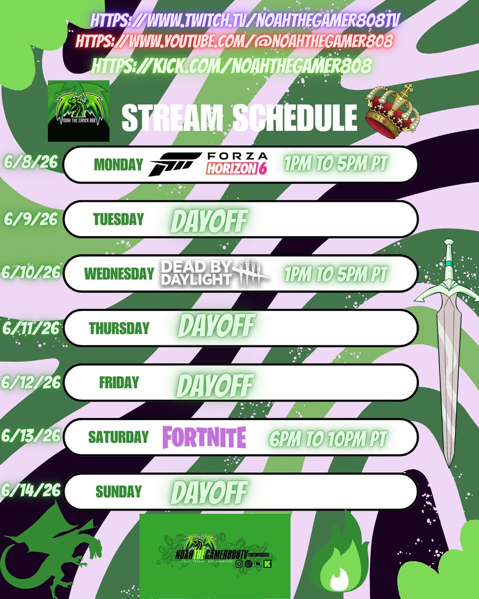 NoahTheGamer808's tweet photo. here is my stream schedule for next week! #Twitch #Gamer #noahthegamer808tv #youtubegaming #Multistreaming #ContentCreator #streamerlife #gamingtrends #forzahorizon6 #smallstreamersconnect #gamer #kick #DeadbyDaylight #Fortnite https://t.co/9ad5XFw3fy