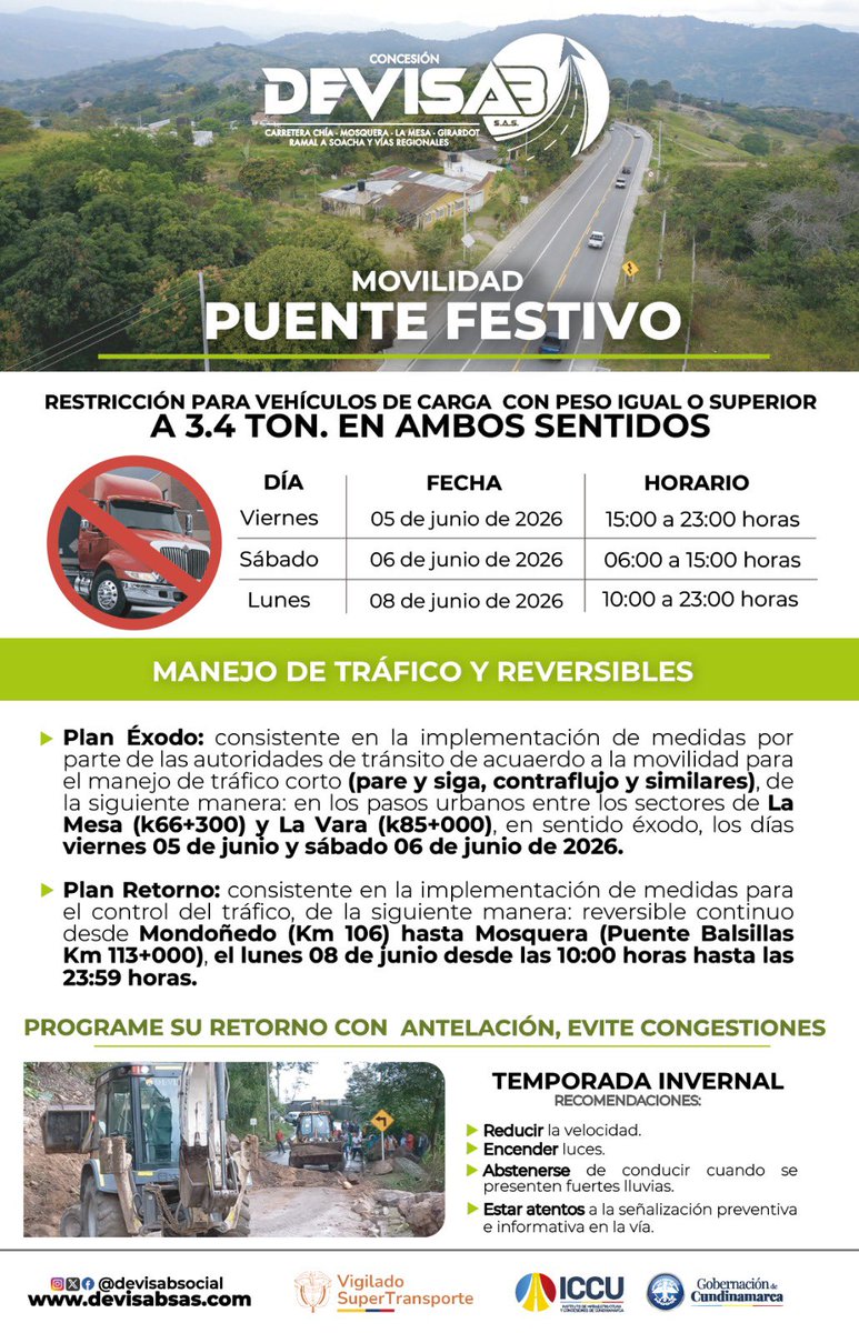 devisabsocial's tweet photo. MOVILIDAD Puente Festivo - CORREDOR VIAL CHÍA - FUNZA - MOSQUERA - LA MESA - GIRARDOT - RAMAL A SOACHA Y VIAS REGIONALES 🛣 / Apreciado usuario(a): programe su viaje con antelación este puente festivo. Recuerde que estamos a su servicio las 24 horas. https://t.co/dCuCRpkcwH