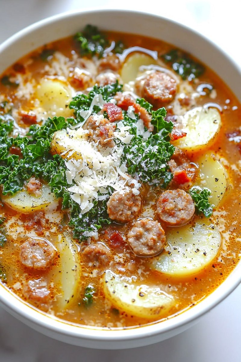 ann_ann886's tweet photo. Zuppa Toscana Soup

Ingredients
1 lb Italian sausage, mild or spicy
5 slices bacon, chopped
1 small onion, diced
3 cloves garlic, minced
4 medium Yukon gold potatoes, thinly sliced
6 cups chicken broth
2 cups kale, chopped
1 cup heavy cream
1/2 tsp crushed red pepper flakes optional
1 tsp salt, or to taste
1/2 tsp black pepper
1/2 tsp Italian seasoning optional
1/2 cup grated Parmesan cheese, plus more for serving
1 tbsp olive oil if needed

Instructions
Cook the bacon
In a large soup pot or Dutch oven over medium heat, cook the chopped bacon until crispy. Remove with a slotted spoon and set aside, leaving about 1 to 2 tablespoons of bacon fat in the pot.
Brown the sausage
Add the Italian sausage to the pot and cook, breaking it up with a spoon, until browned and cooked through. If your sausage is very lean, add the olive oil. Remove excess grease if needed.
Cook the onion and garlic
Add the diced onion and cook for 3 to 4 minutes until softened. Stir in the garlic and cook for 30 seconds.
Add potatoes and broth
Stir in the sliced potatoes, chicken broth, black pepper, salt, crushed red pepper flakes, and Italian seasoning if using. Bring to a boil, then reduce heat and simmer for 15 to 20 minutes, or until the potatoes are tender.
Add kale and cream
Stir in the chopped kale and heavy cream. Simmer for another 3 to 5 minutes, just until the kale is wilted and tender.
Finish the soup
Stir in the Parmesan cheese and most of the cooked bacon. Taste and adjust seasoning as needed.
Serve
Ladle into bowls and top with the remaining bacon and extra Parmesan.