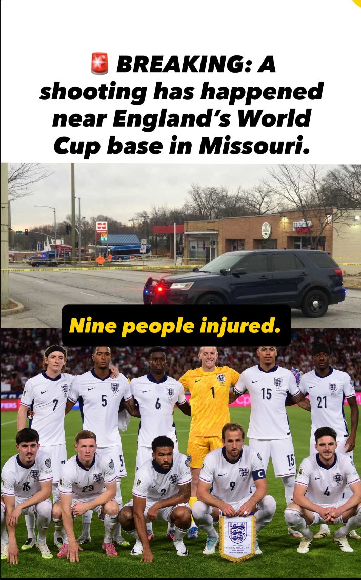 Frenzeblogger's tweet photo. 🚨 Shooting near England’s World Cup base in Kansas City

9 people injured after 65+ shots fired into a crowd near Troost Avenue, a few miles from Swope Soccer Village.

Police: No link to World Cup or England team. All victims expected to recover. https://t.co/h0JYWSHyZc