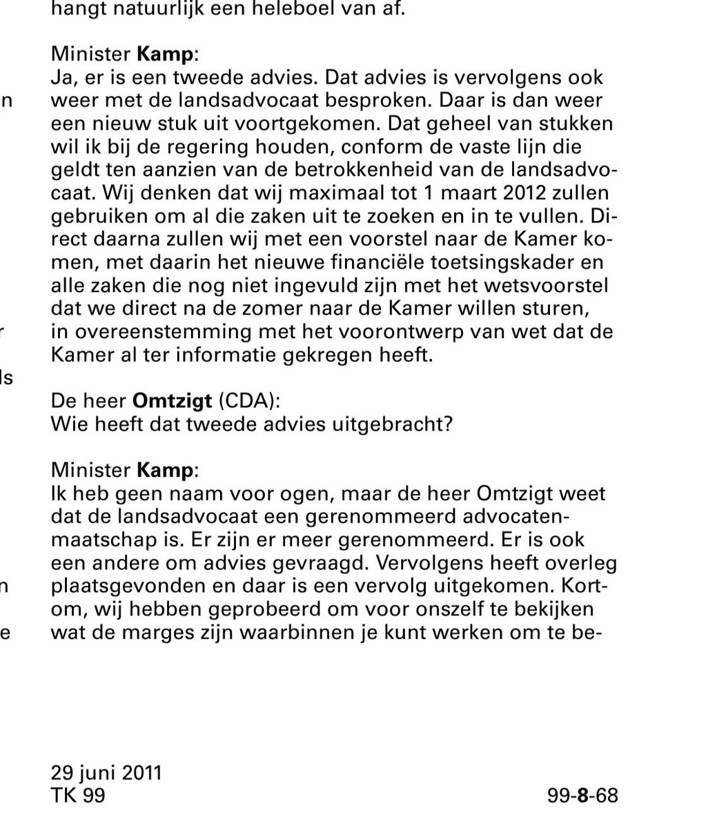 Wftproof's tweet photo. “Zoals de heer @PieterOmtzigt zegt, heb je ook te maken met eigendommen in een bepaalde vorm. Daarvoor gelden internationale verdragen. Mede op grond van die verdragen geldt een kader voor het uitwerken van die oude rechten in een nieuw contract.
Wij zullen proberen binnen die marges de zaak op een
goede manier in te vullen. Ik neem aan dat zoiets mogelijk is.”

***

“De enige uitzondering daarop die ik op dit moment voor ogen heb, zo zeg ik tegen de heer Omtzigt, zijn adviezen van de landsadvocaat.
Die stuur ik niet naar de Kamer omdat wij dat nooit doen.
Die houdt het kabinet voor zichzelf. 

Wij hebben juridische adviezen gekregen waarin staat wat wij zouden moeten doen om bij het omzetten van de oude rechten in een nieuw pensioencontract binnen de juridische marges te blijven.”

***

“Ja er is een tweede advies”.

Henk Kamp (VVD), 29 juni 2011

Van welk advocatenkantoor was dat tweede advies, @LawPension ?